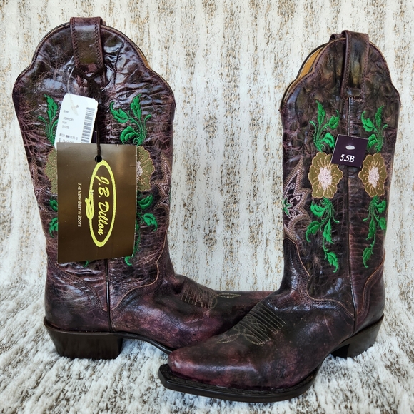J.B. Dillon Shoes - NWT J.B. Dillon Distressed Leather Western Cowboy Boots Floral Women's Size 5.5B